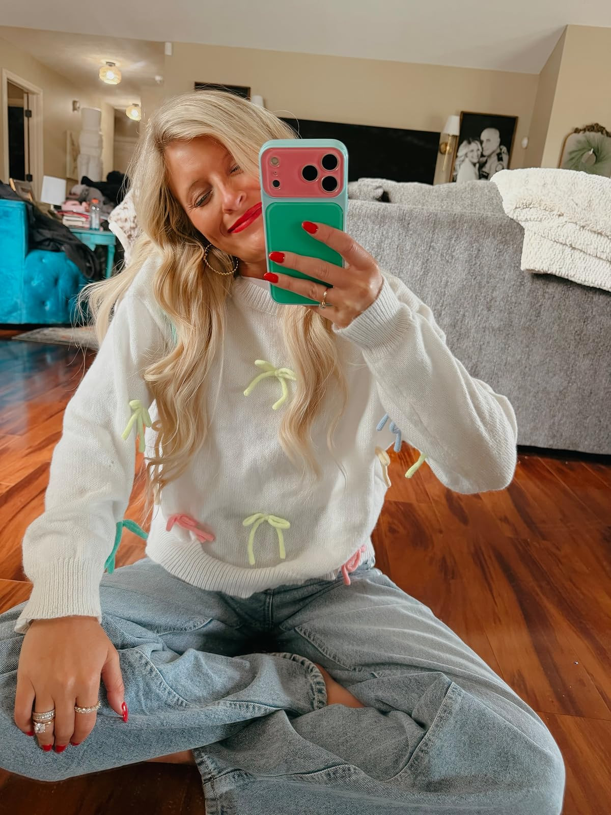 MakeMeChic Women's Bow Tie Y2K Sweater Long Sleeve Crew Neck Loose Fit Pullover Sweaters White Small | Amazon (US)