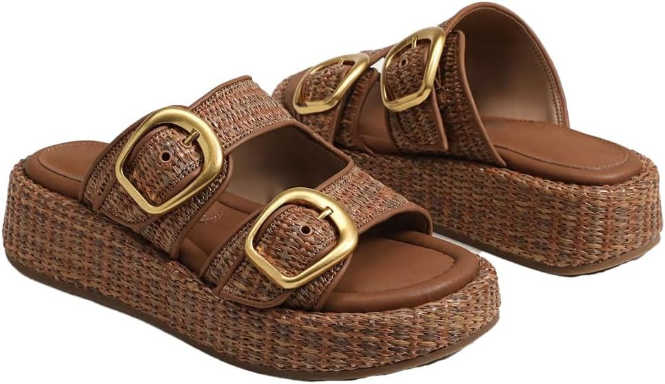Espadrilles Platform Sandals Women Double Buckles Cute Beach Straw Raffia Sandals Comfortable Wed... | Amazon (US)