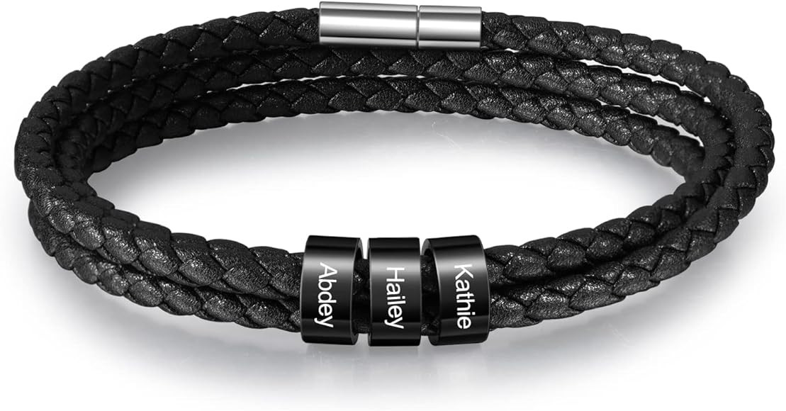 Personalized Leather Braid Bracelets for Mens with 1-6 Names Custom Engraved Leather Beads Bracel... | Amazon (US)