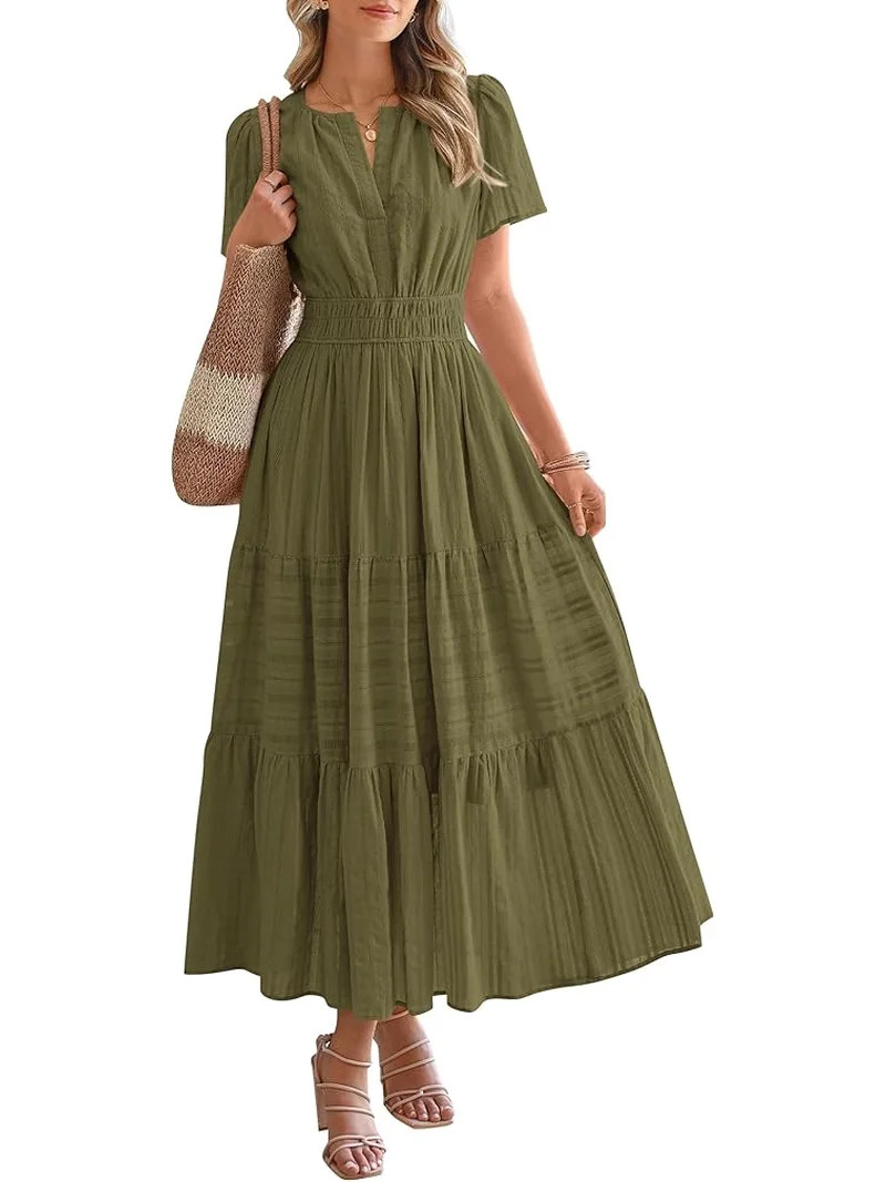 BTFBM Womens Summer Casual Midi Maxi Dresses Lightweight Short Sleeve V Neck Elastic Waist Boho B... | Walmart (US)