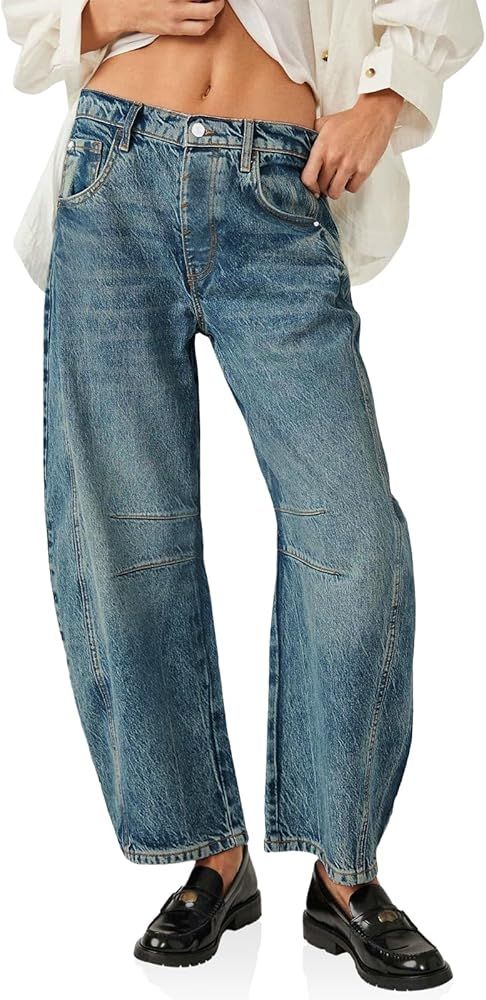 PLNOTME Women's Baggy Boyfriend Jeans Vintage Wide Leg Mid Rise Barrel Denim Ankle Pants | Amazon (US)