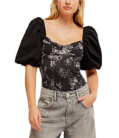 Free People Prairie Rose Print Sweetheart Neck Short Puff Sleeve Bodysuit - M | Dillard's