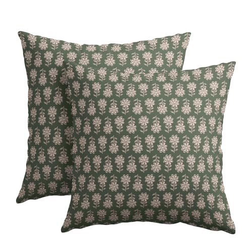 Kawani Vintage Pillow Covers 24x24 Inch Set of 2 Green Floral Block Print Outdoor Decorative Throw Pillows Neutral Pattern Pillowcases Square Cushion Covers for Couch Home Decor | Amazon (CA)