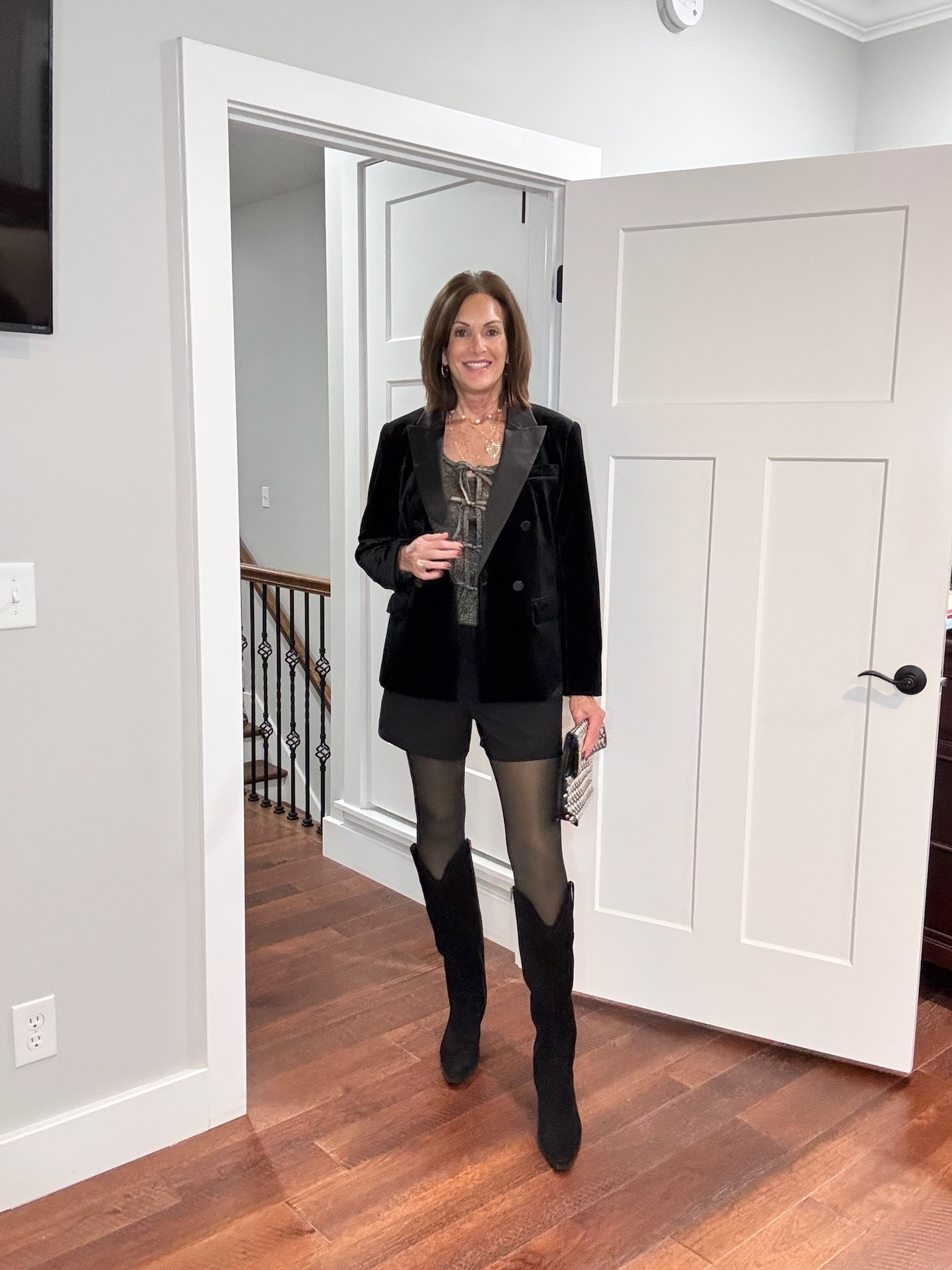 Chic winter outfit! large tuxedo style blazer - size 8 shorts - XL bow cardigan - large shimmer tank 
Women’s fashion, outfit inspo, outfit ideas, what to wear for, fashion over 40, fashion over 50, winter outfit ideas, winter fashion, winter styles, winter outfits, winter outfit inspo, holiday styles, holiday outfits, holiday outfit inspo, holiday fashion, trending fashion, chic style

#LTKHoliday #LTKOver40 #LTKootd