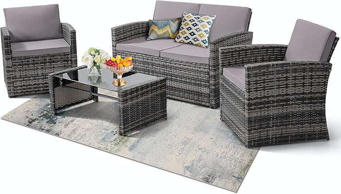 4-Piece Patio Furniture Set, Wicker Outdoor Rattan Sectional Sofa with Cushions and Glass Table, ... | Amazon (US)