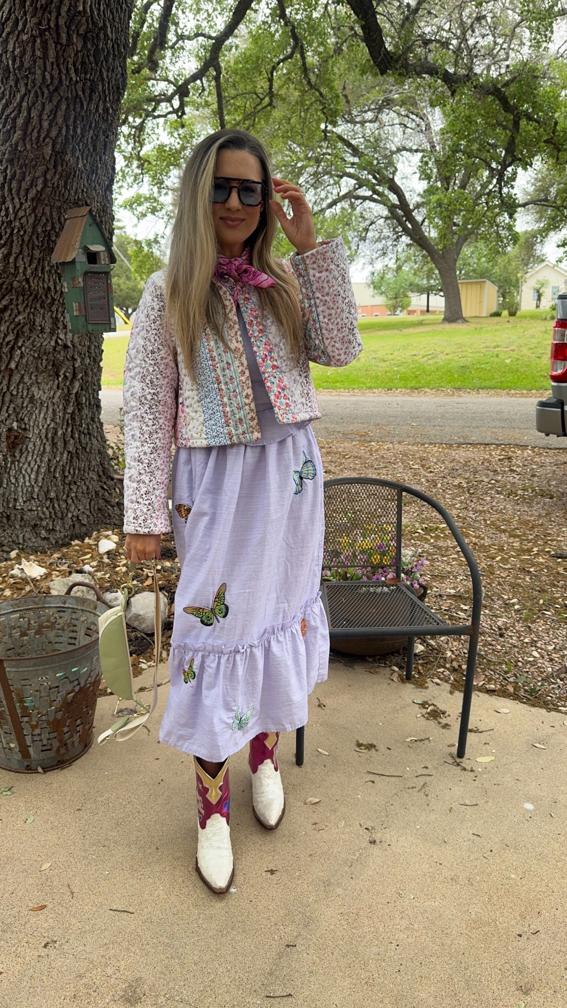 Good morning from round top tx!! My dress and sunnies are linked. Wearing an XS in this lavender butterfly dress from Fanm Mon and XS in quilted ida mae jacket. Boots are Miron Crosby 