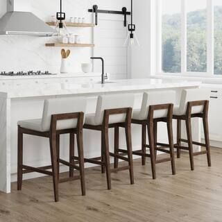 Gracie 34 in. Modern Counter Height Wood Bar Stool with Back, with Natural Linen Seat, White/Dark... | The Home Depot