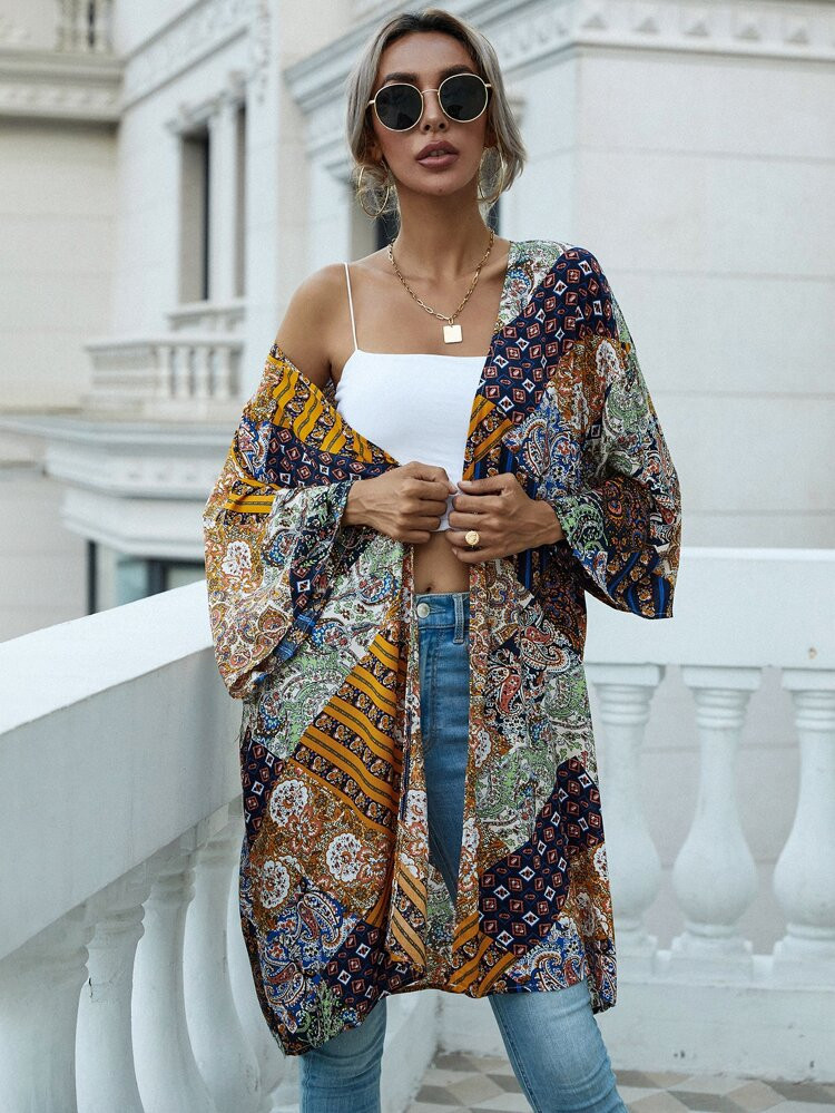 Floral & Paisley Print Open Front Kimono | SHEIN