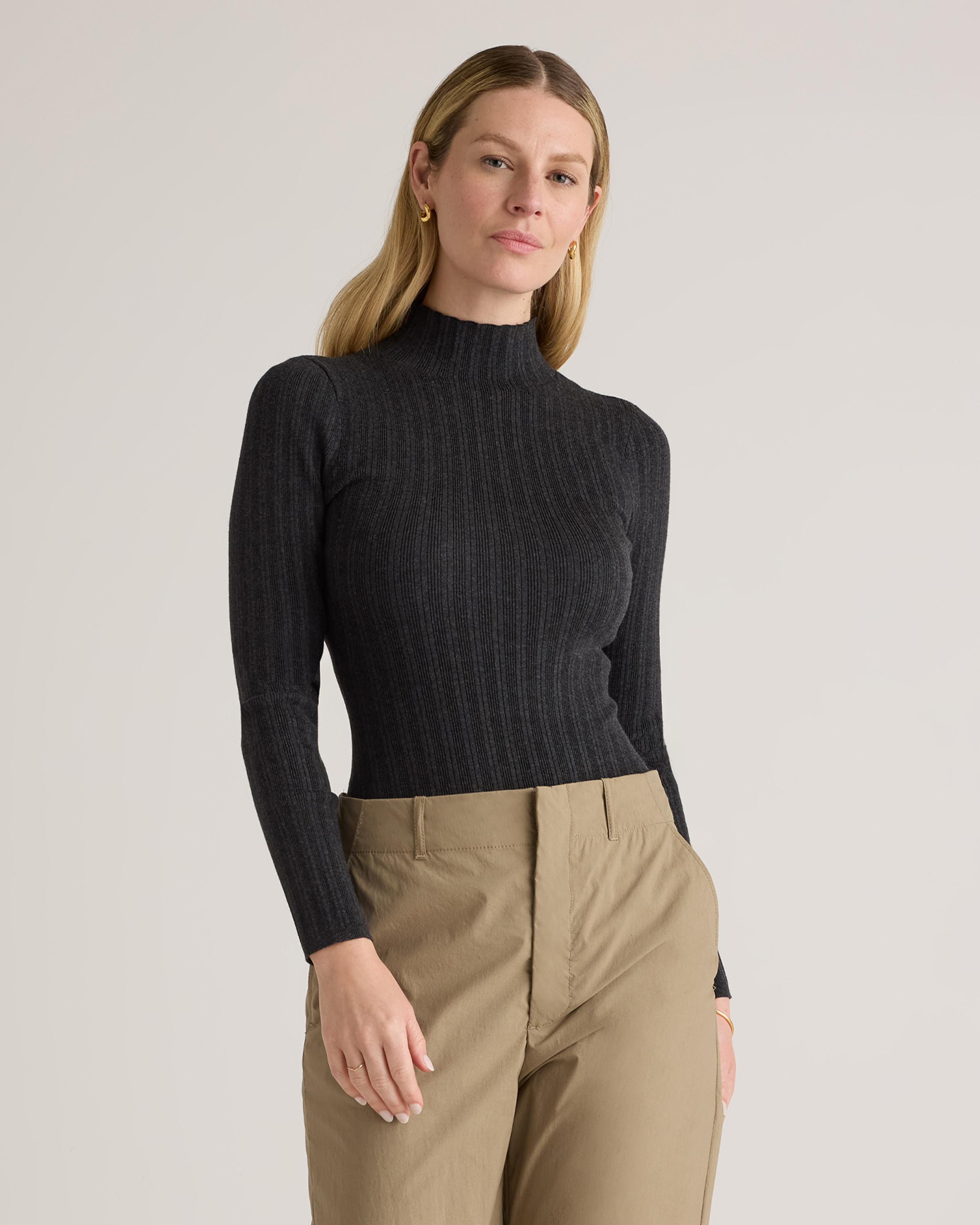 Quince | Women's Cotton Cashmere Ribbed Turtleneck Bodysuit in Heather Charcoal, Size Small, Organic Cotton | Quince