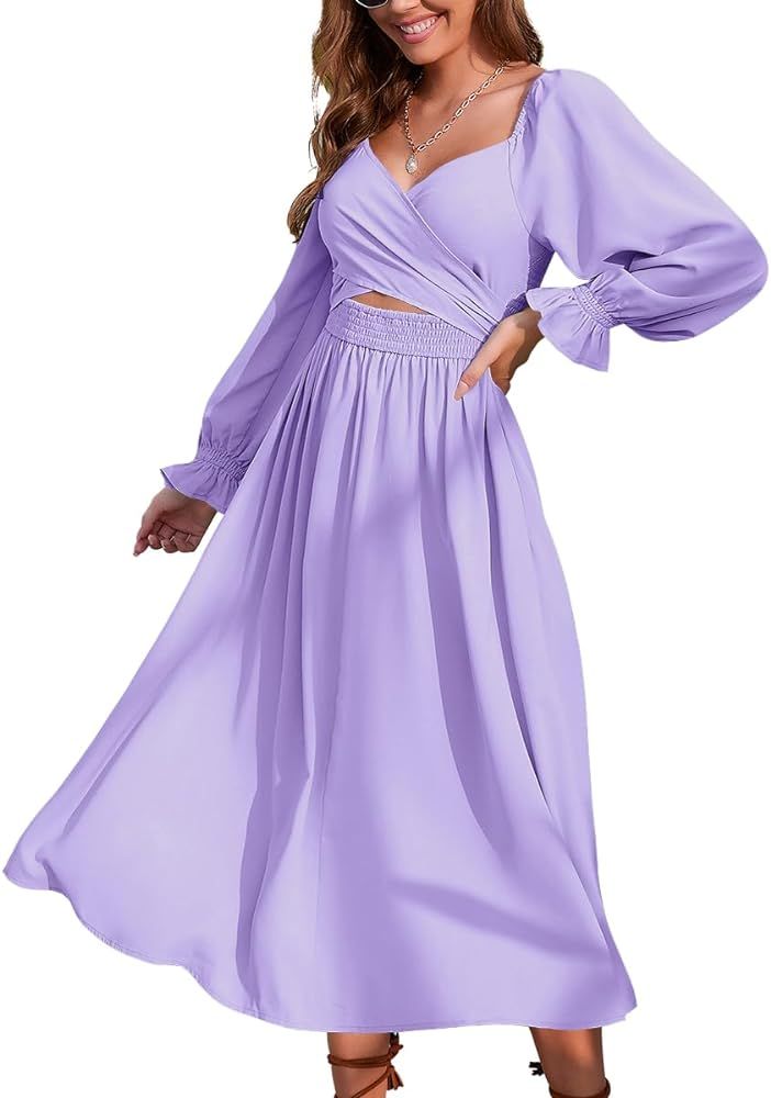 Women Tie Back Long Puff Sleeve Dress Sage Ruffle Wrap Reversible Flowy Casual Midi Dress with Po... | Amazon (US)