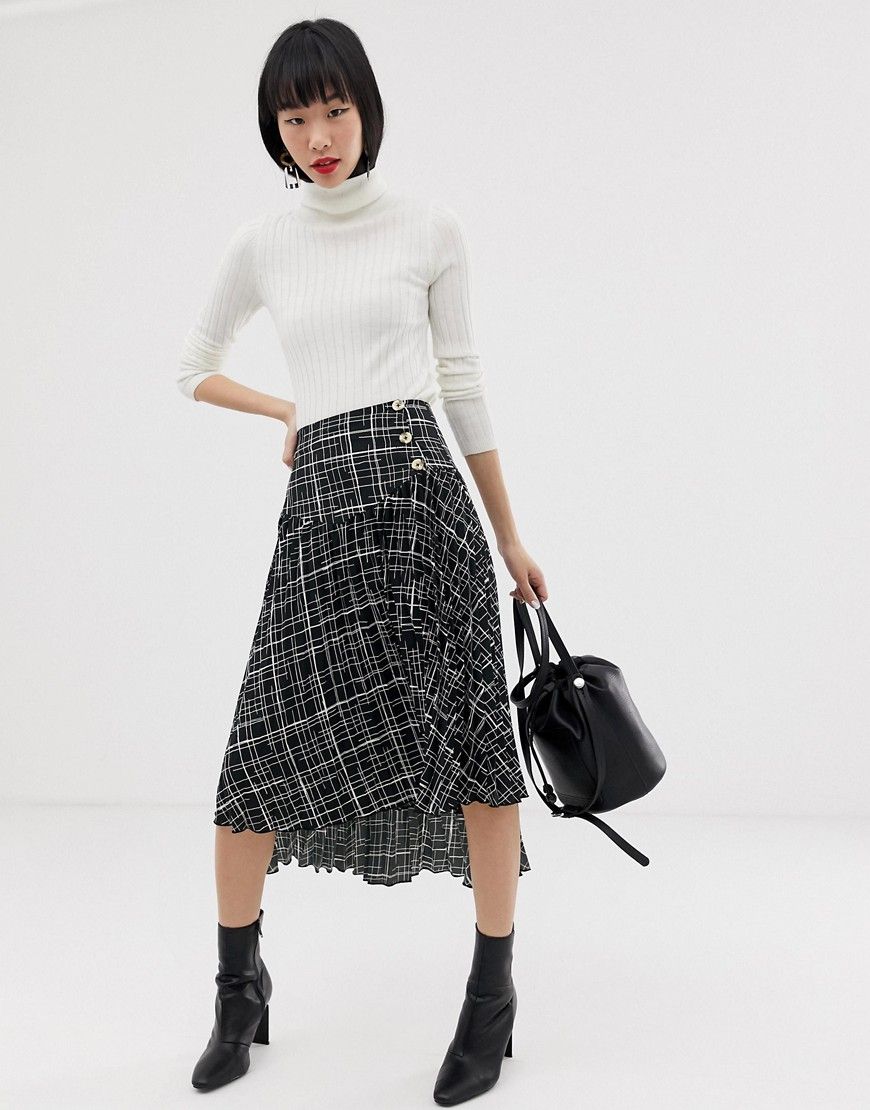 ASOS DESIGN pleated midi skirt in mono grid print with buttons and step hem-Multi | ASOS (Global)
