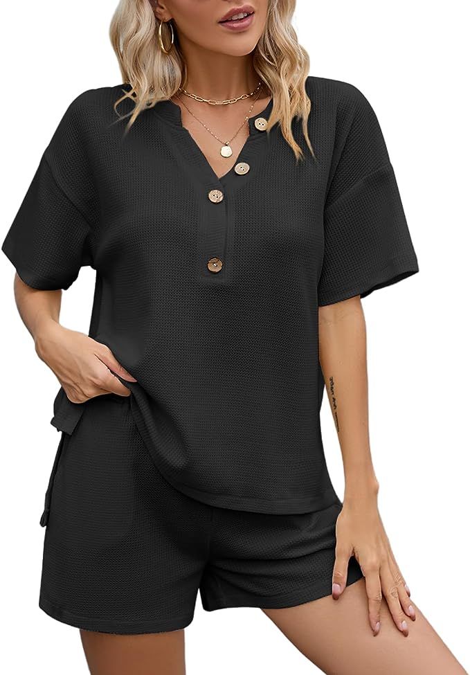 SAPJON Womens Pajama Sets 2 Piece Waffle Matching Lounge Sets V Neck Short Sleeve and Shorts Sets... | Amazon (US)