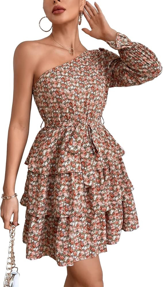 PRETTYGARDEN Women's Summer Tie One Shoulder Boho Floral Dress Elastic Waist Tiered Ruffle A Line... | Amazon (US)
