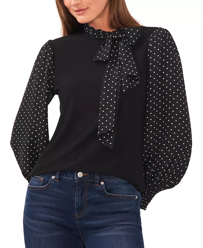 CeCe Women's Mixed-Media Long Sleeve Bow Neck Knit Top - Macy's | Macy's