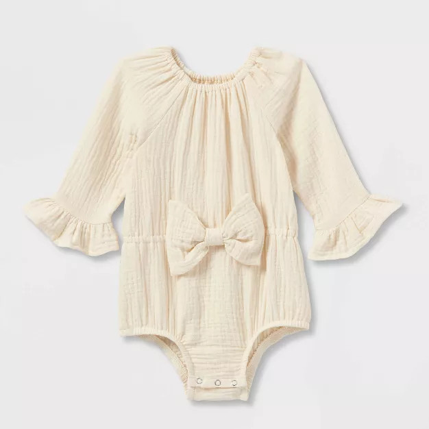 Grayson Collective Baby Girls' Woven Bow Bubble Romper - Cream 6-9M | Target