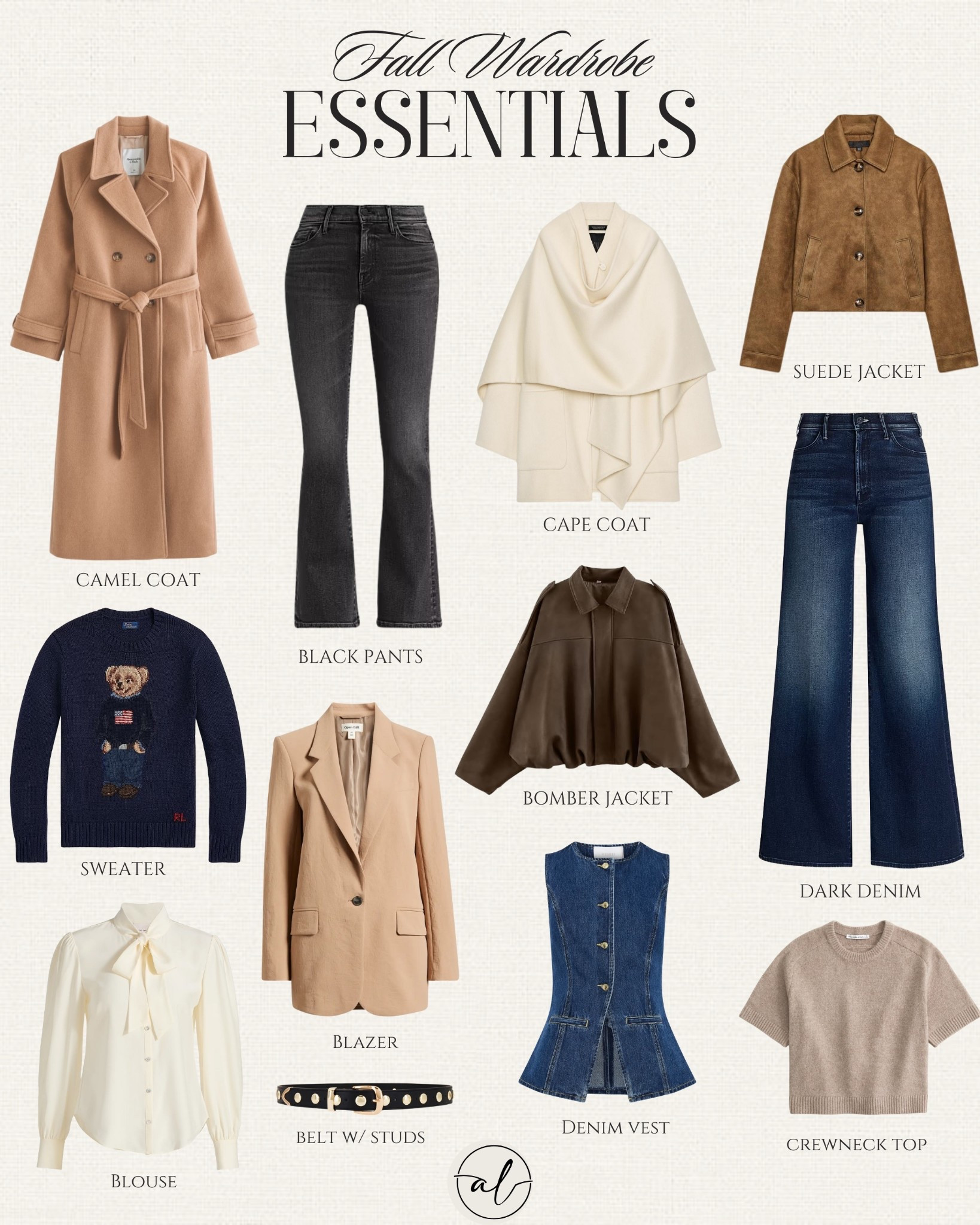 Fall Wardrobe Essentials: camel coat, sweater, blouse, black pants, blazer, belt w/ studs, cape coat, bomber jacket, denim vest, suede jacket, dark denim, crewneck top. 

#LTKU #LTKStyleTip #LTKSeasonal