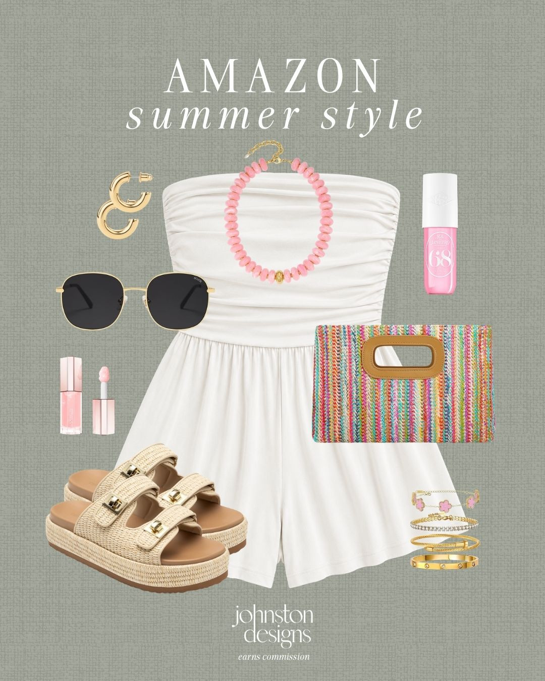 Amazon summer style with a white romper, colorful accessories and easy vacation-ready finds. 🤍

Amazon summer romper, white strapless romper, colorful woven clutch, platform slide sandals, pink beaded necklace, gold hoop earrings, round sunglasses, pink lip gloss, Sol de Janeiro mist, summer bracelet stack, vacation outfit idea, warm weather style, affordable Amazon fashion, cute weekend look, resort outfit inspo 

 #LTKootd #LTKSeasonal #LTKTravel