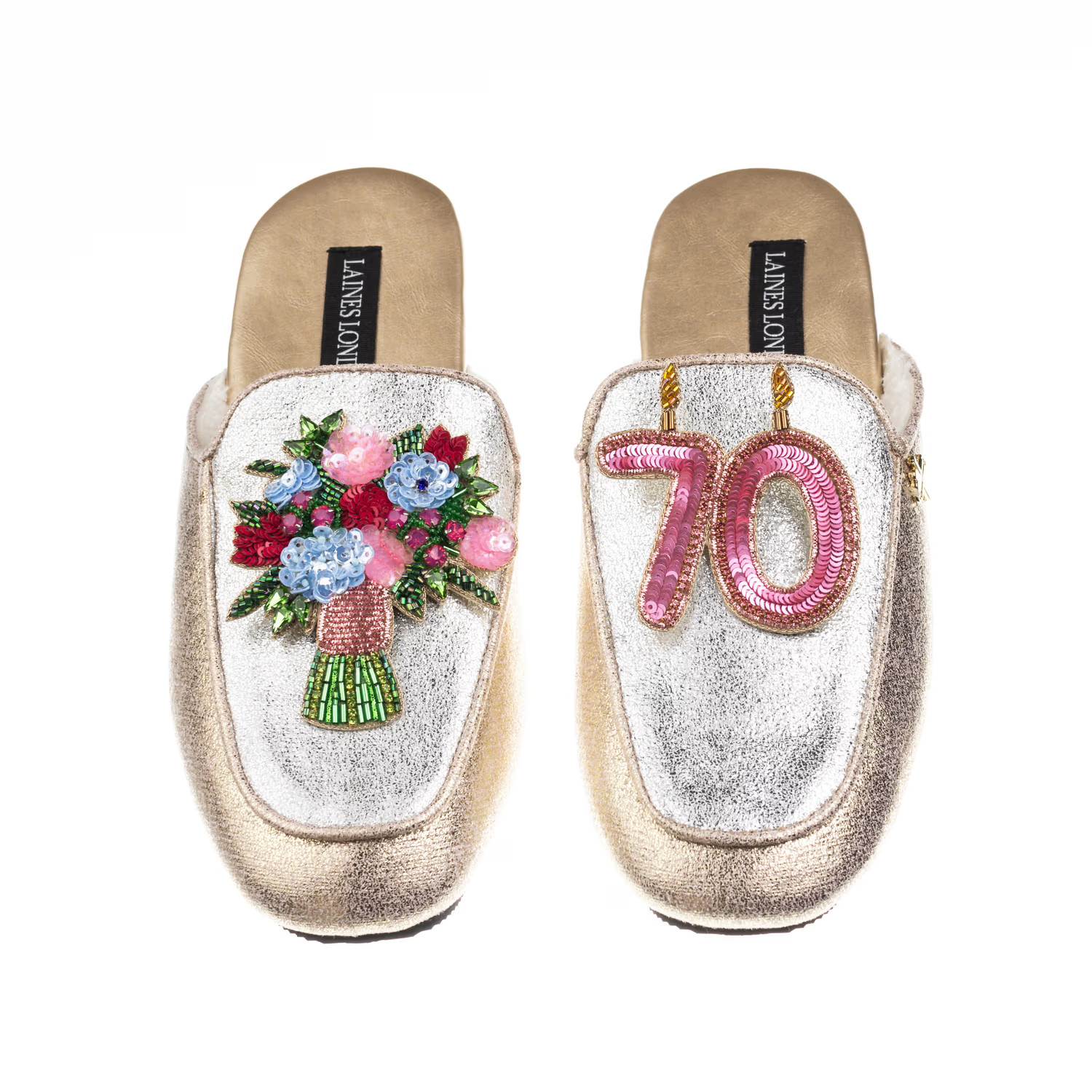 Classic Mules With 70Th Birthday & Flowers Brooches - Silver & Gold | Wolf & Badger