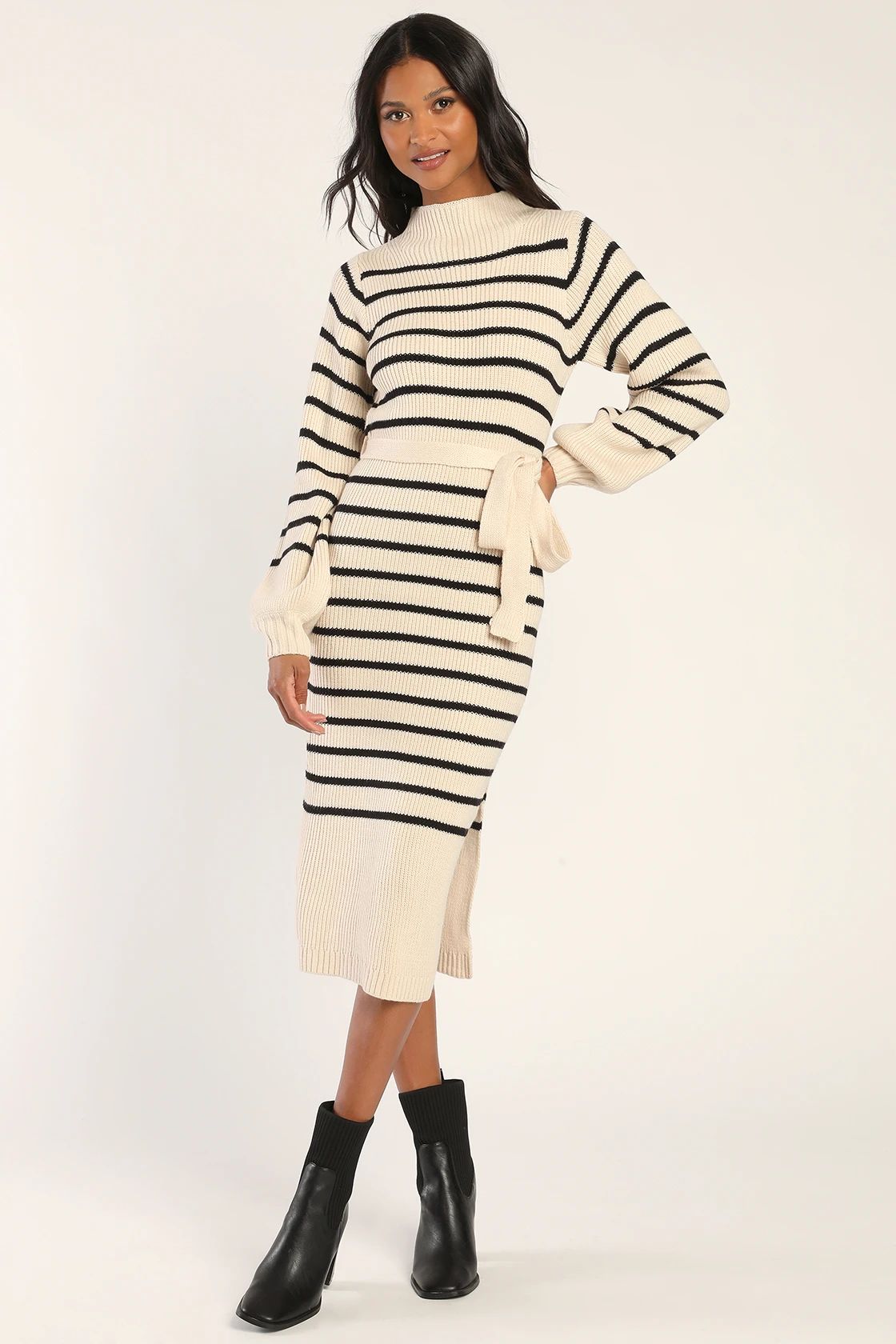 Stripe Things Up Cream Striped Mock Neck Bodycon Sweater Dress | Lulus