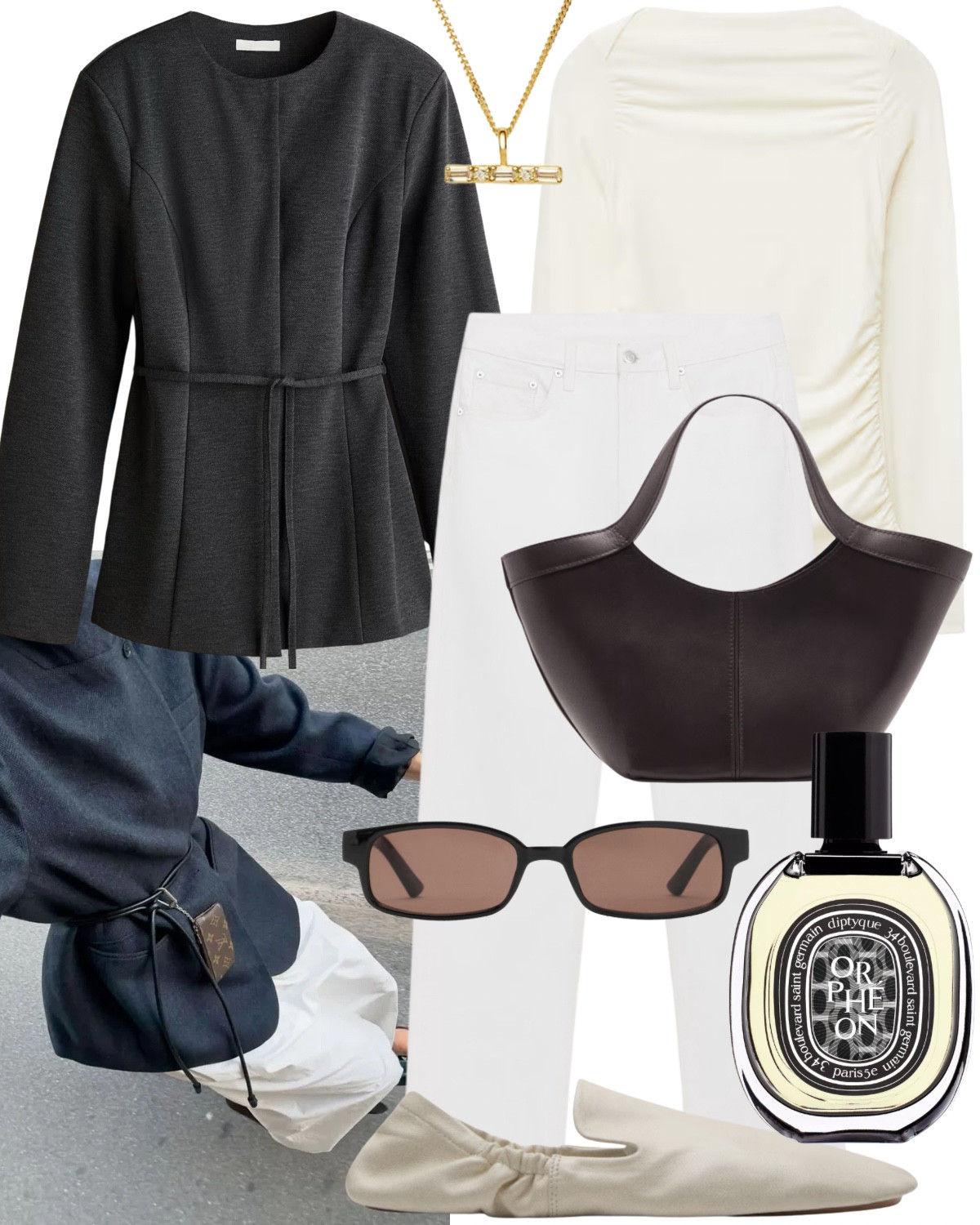 An outfit to take you from the office to drinks with friends. 

Grey tie-belt blazer, white pleated top, white jeans, t-bar necklace, brown tote bag, rectangle sunglasses, white flat shoes, perfume

#LTKuk #LTKstyletip #LTKautumn