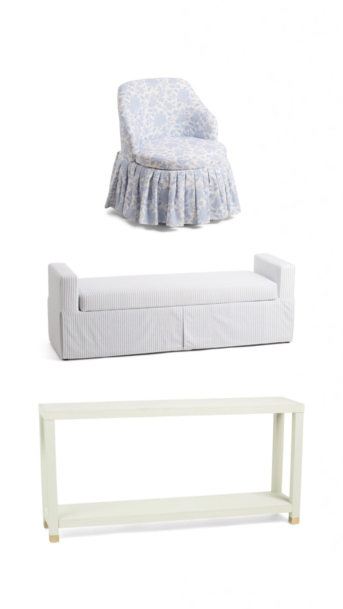 New Lillian August furniture under $300! Storage bench, console table, ruffle skirted chair 