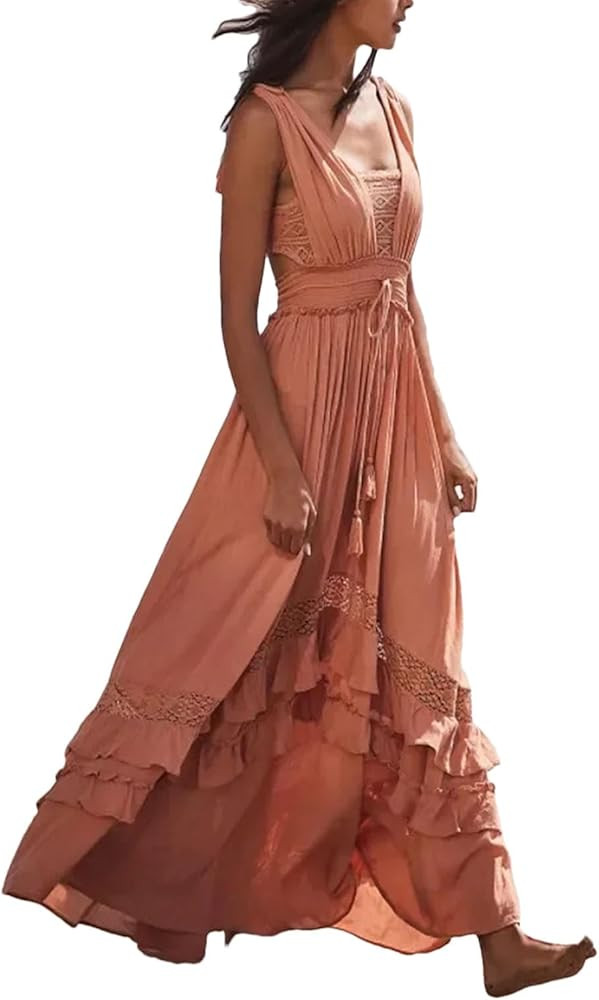 Women's Style Beach Long Dress Open Back Lace Up with Tassels and Ruffles Cut Out Solid Color Dre... | Amazon (US)
