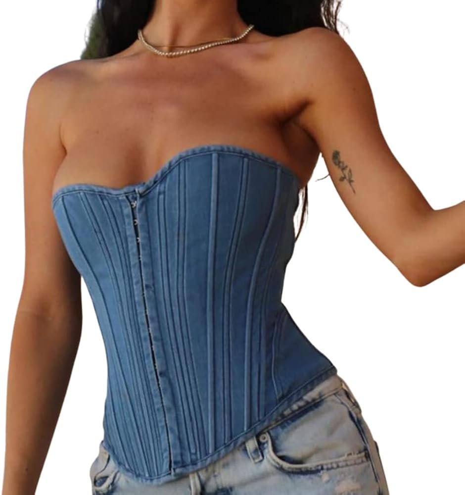 Fronage Women's Denim Bustier Corset Top Jean Waist Cincher Chest Supporting Body Shaping Clothes | Amazon (US)