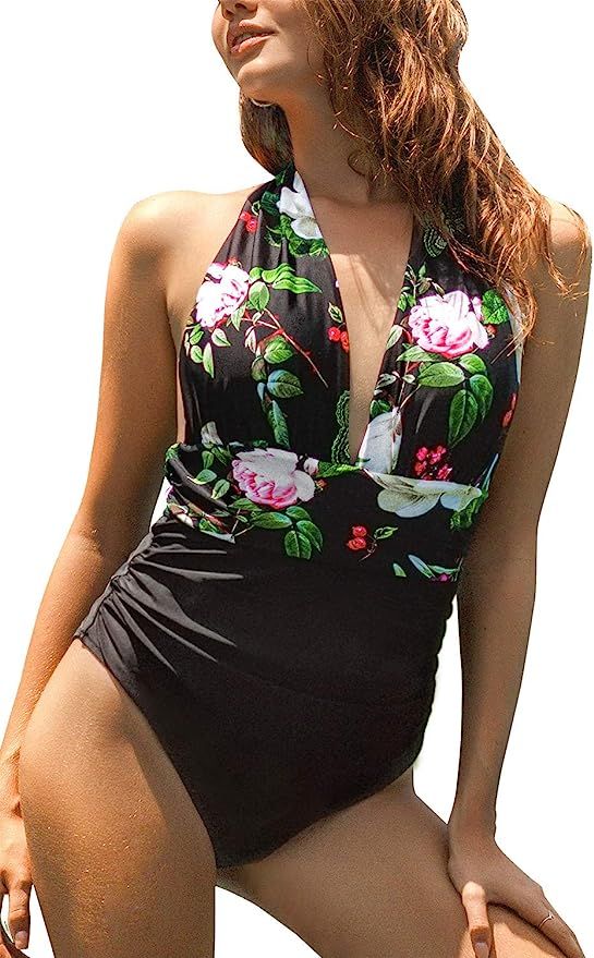 CUPSHE Women's One Piece Swimsuit Halter Plunge Neck Ruched Tummy Control Bathing Suits | Amazon (US)