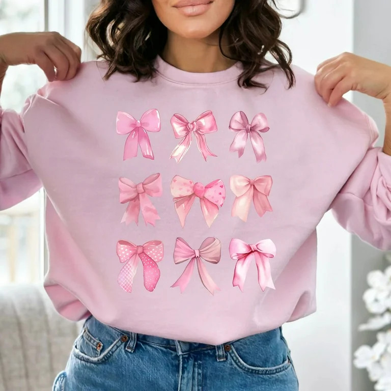 Pink Bow Print Coquette Sweatshirt, Cute Girly Long Sleeve Bow Pattern Top, Feminine Casual Pullo... | Walmart (US)