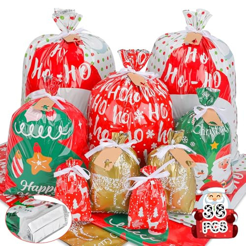 38pcs Christmas Gift Bags with Ribbon Ties, Christmas Bags for Gifts Assorted Sizes Small/Medium/Large Christmas Gift Bags, Holiday Christmas Wrapping Paper Reusable Plastic Santa Bag Wrapping Bags | Amazon (US)