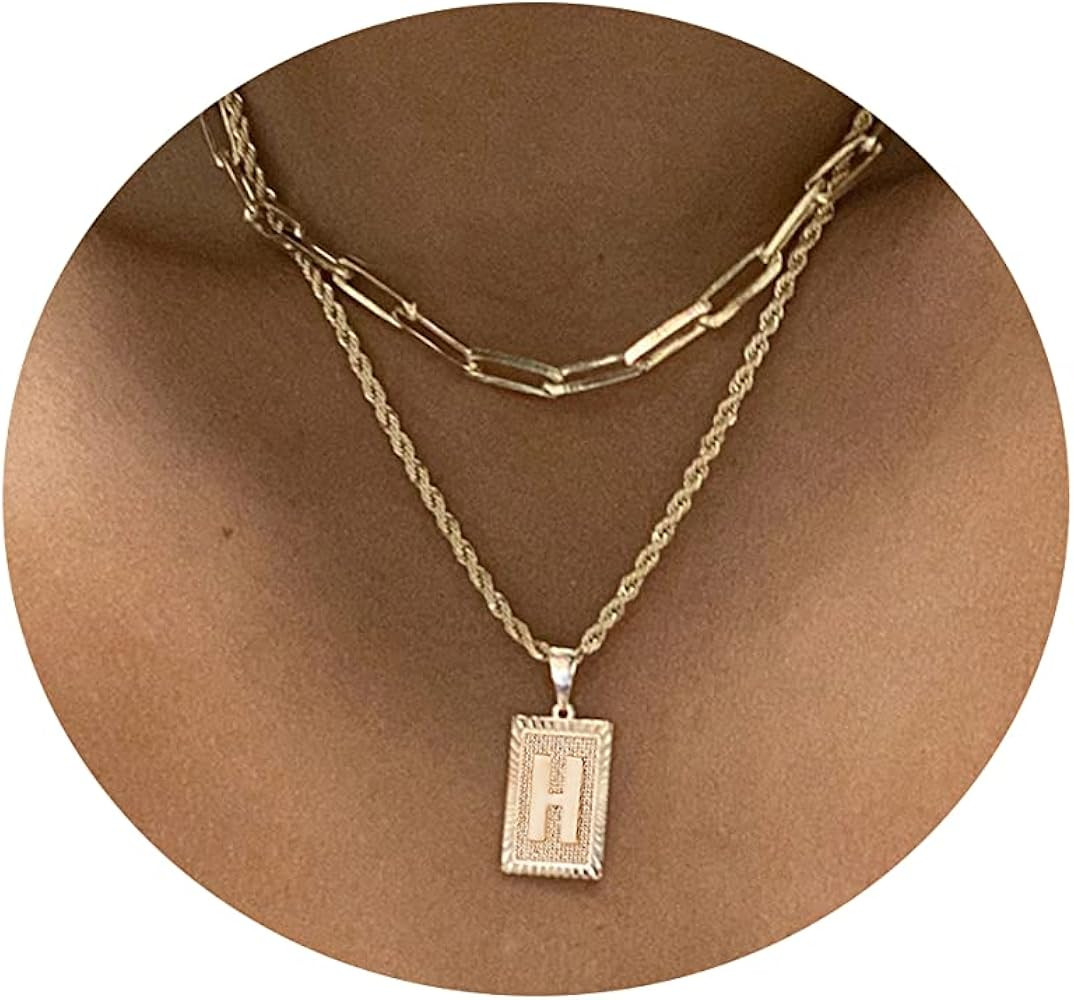 Tasiso 14K Gold Layered Initial Pendant Necklace Dainty Layering Paperclip Link Rope Chain Choker... | Amazon (US)