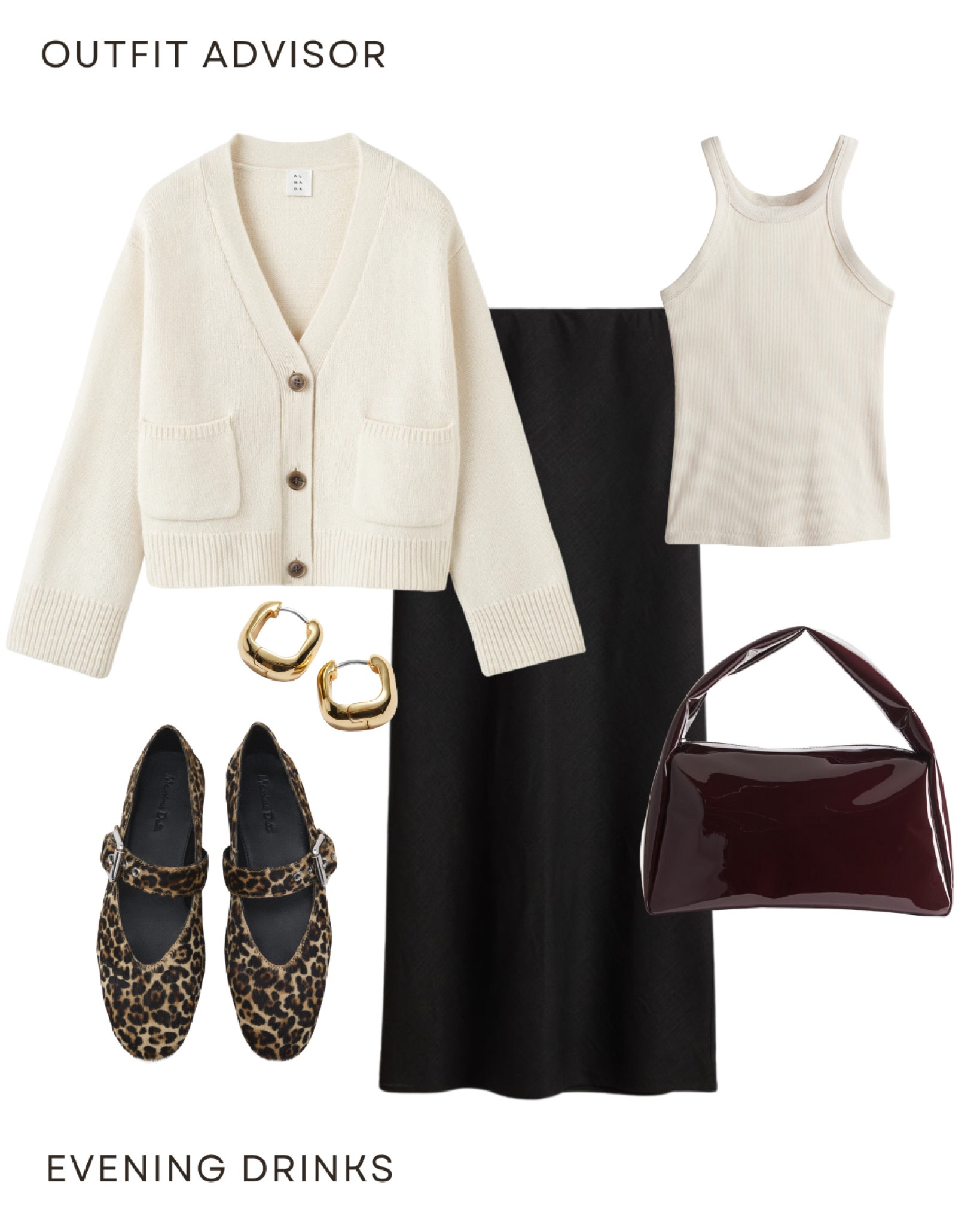 Chic neutral outfit inspo: a beige cardigan, tank top, black skirt, red burgundy bag, gold square earrings and cheetah print ballet flats 

#LTKshoes #LTKautumn #LTKstyletip