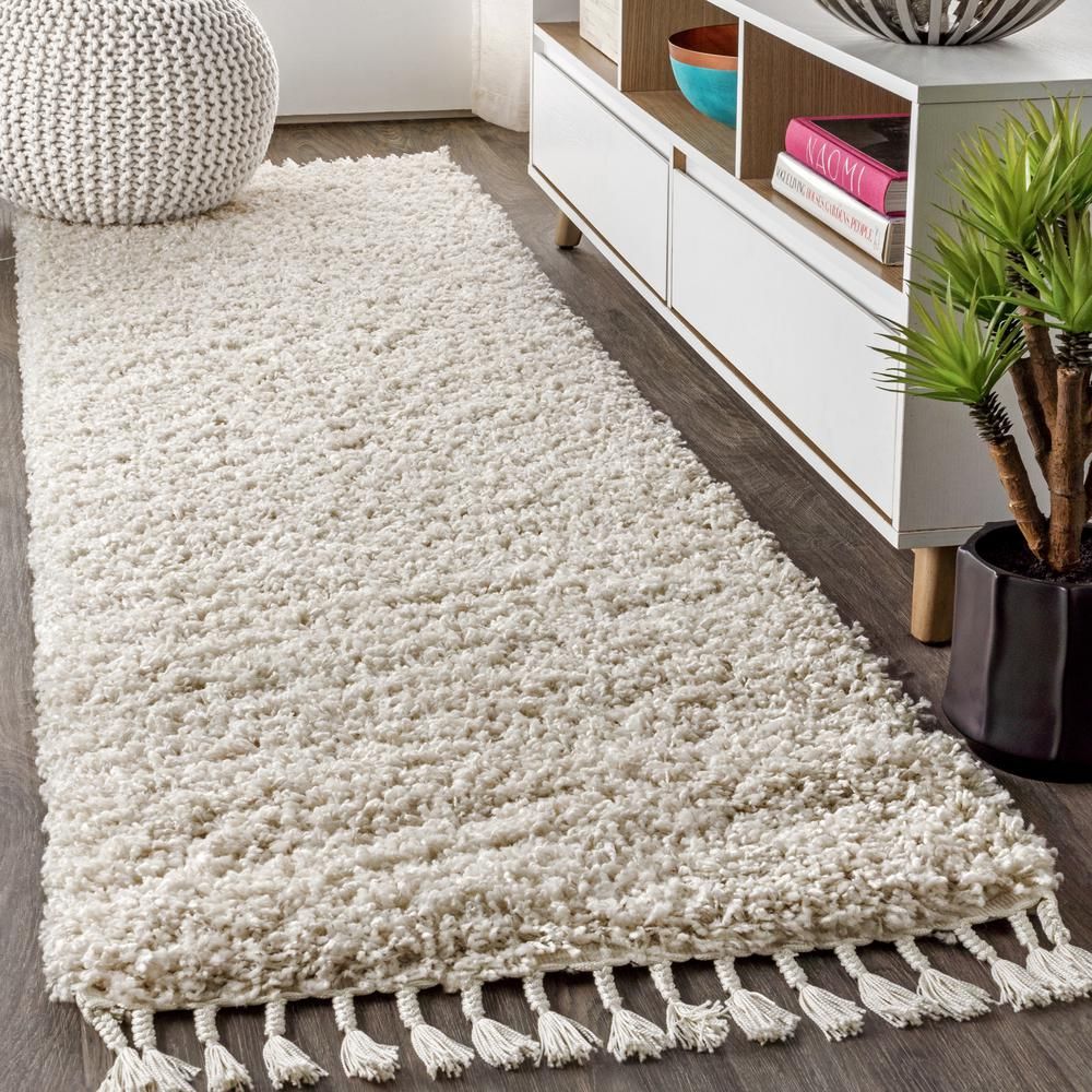 Mercer Shag Plush Tassel Cream 2 ft. x 8 ft. Runner Rug | The Home Depot