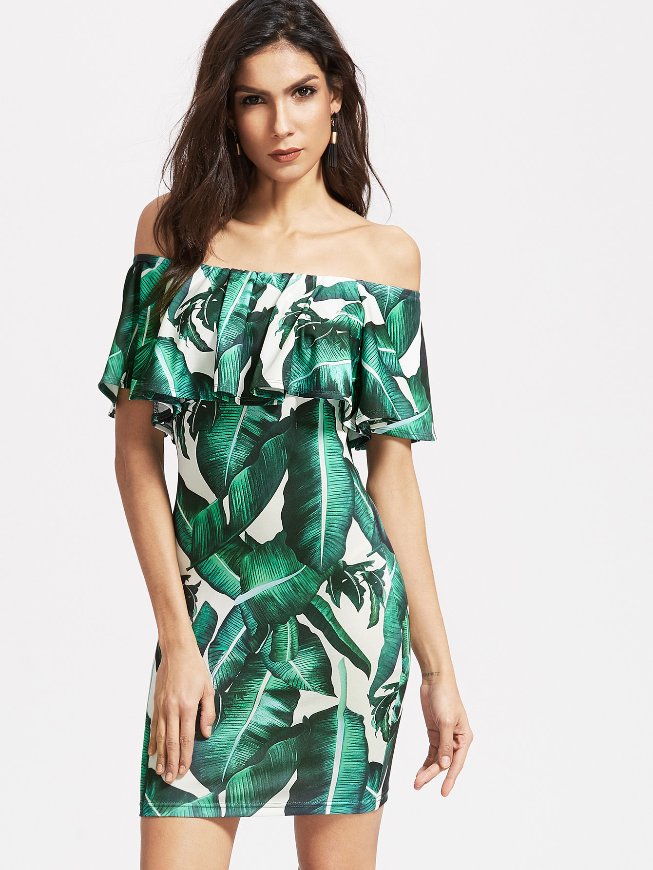 Green Tropical Print Ruffle Off The Shoulder Bodycon Dress | SHEIN