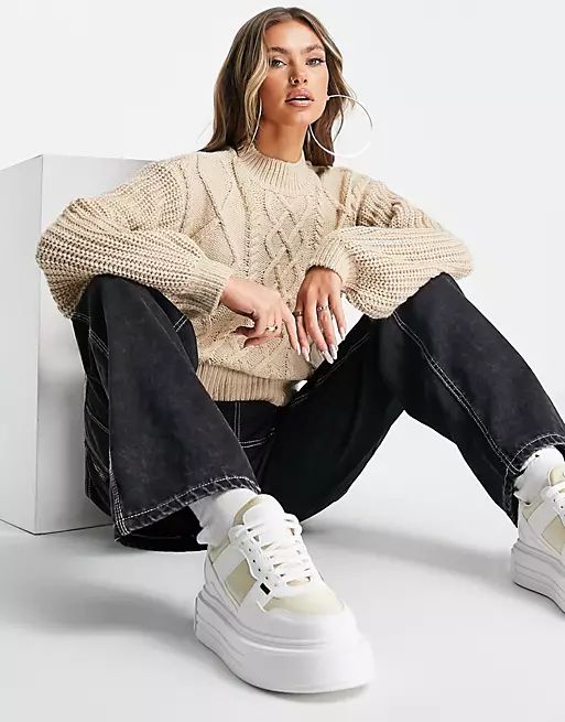 NA-KD cable knit jumper with balloon sleeve in light beige | ASOS (Global)