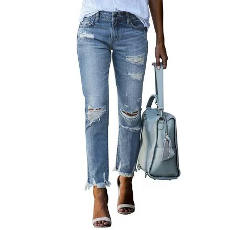 Aleumdr Women Raw Hem Jeans Distressed Ripped Boyfriend Jeans Classic Skinny Jeans 12 14 | Walmart (US)