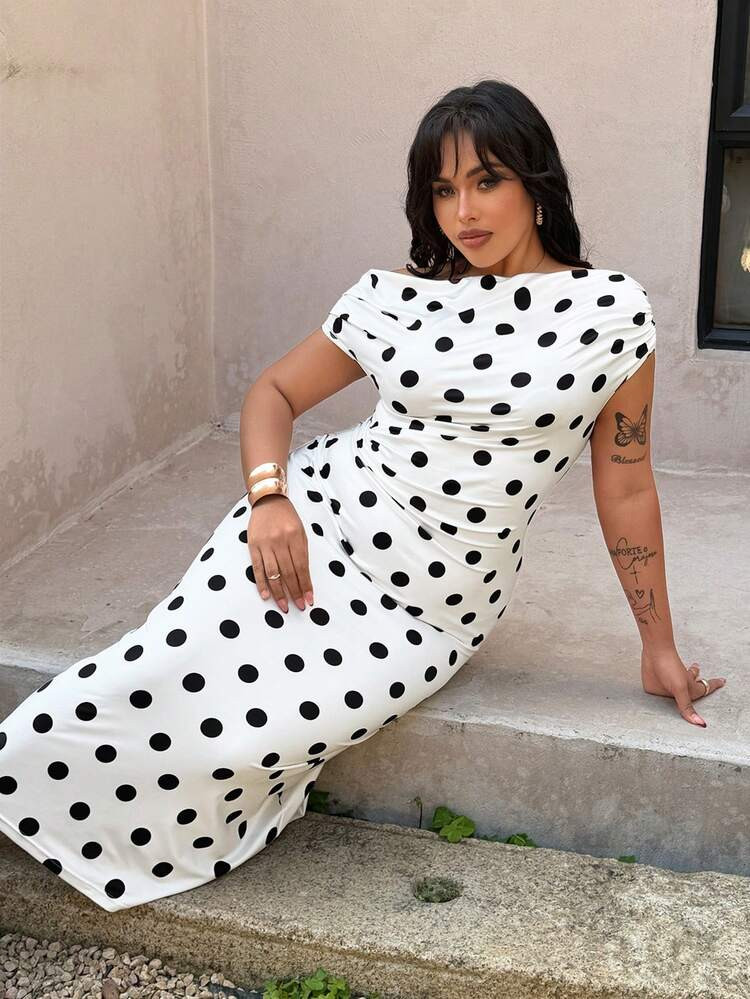 Rustia Plus Size Elegant Polka Dot Asymmetrical Shoulder Dress, Spring/Summer | SHEIN