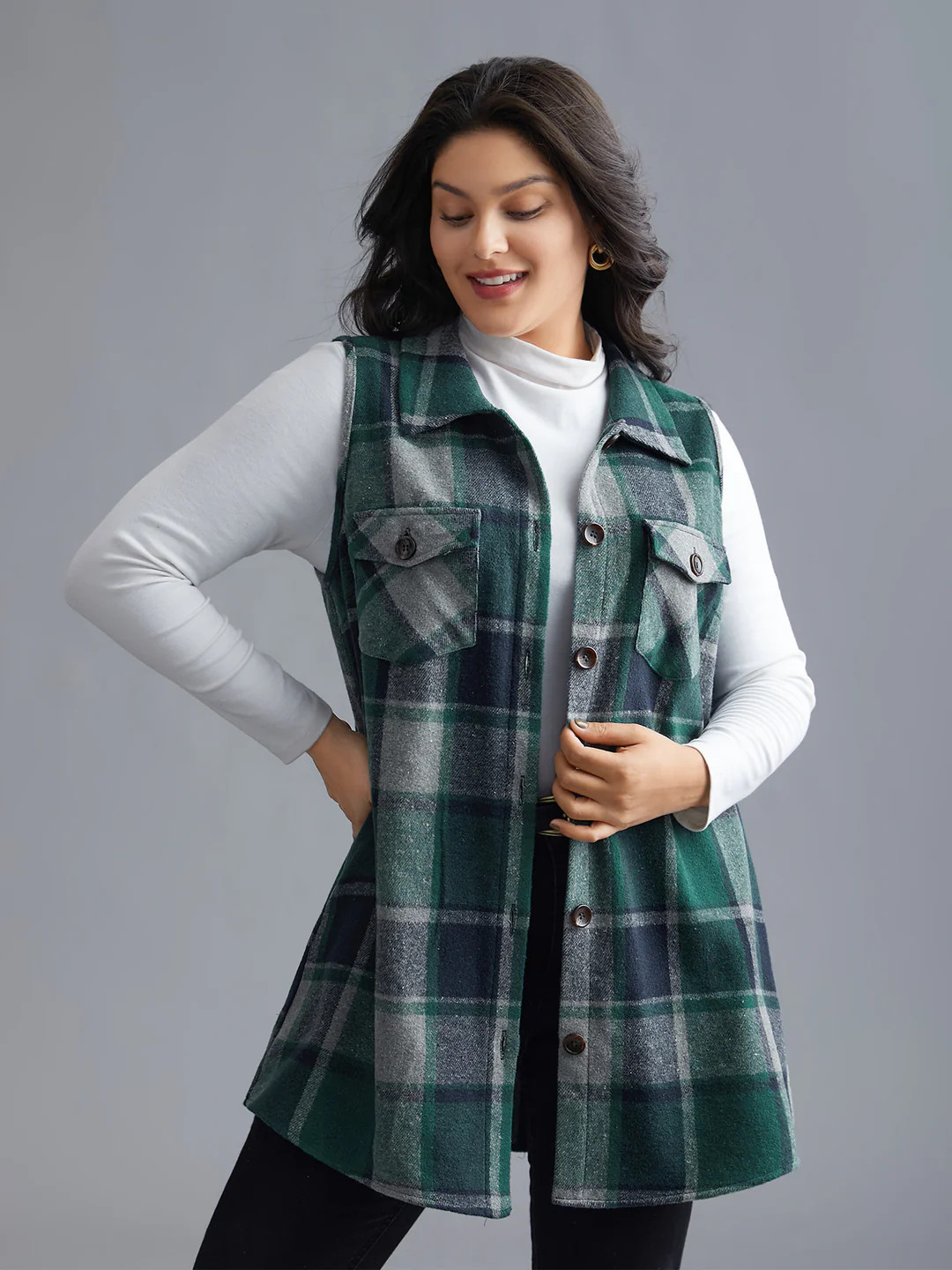 Plaid Flap Detail Sleeveless Jacket | Bloomchic