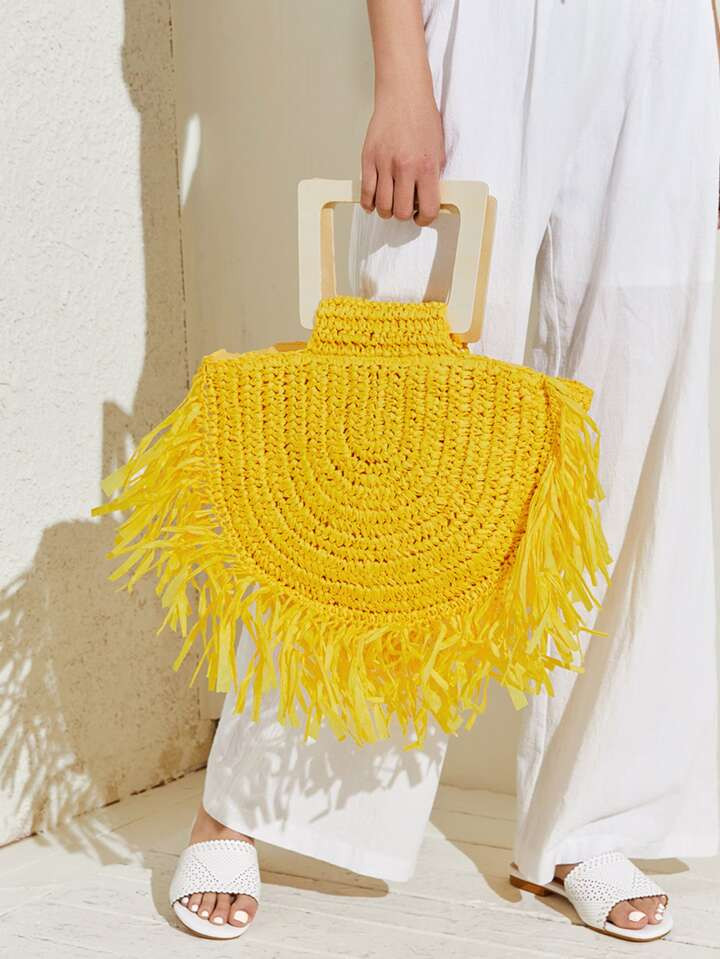 Fringe Trim Straw Tote Bag | SHEIN