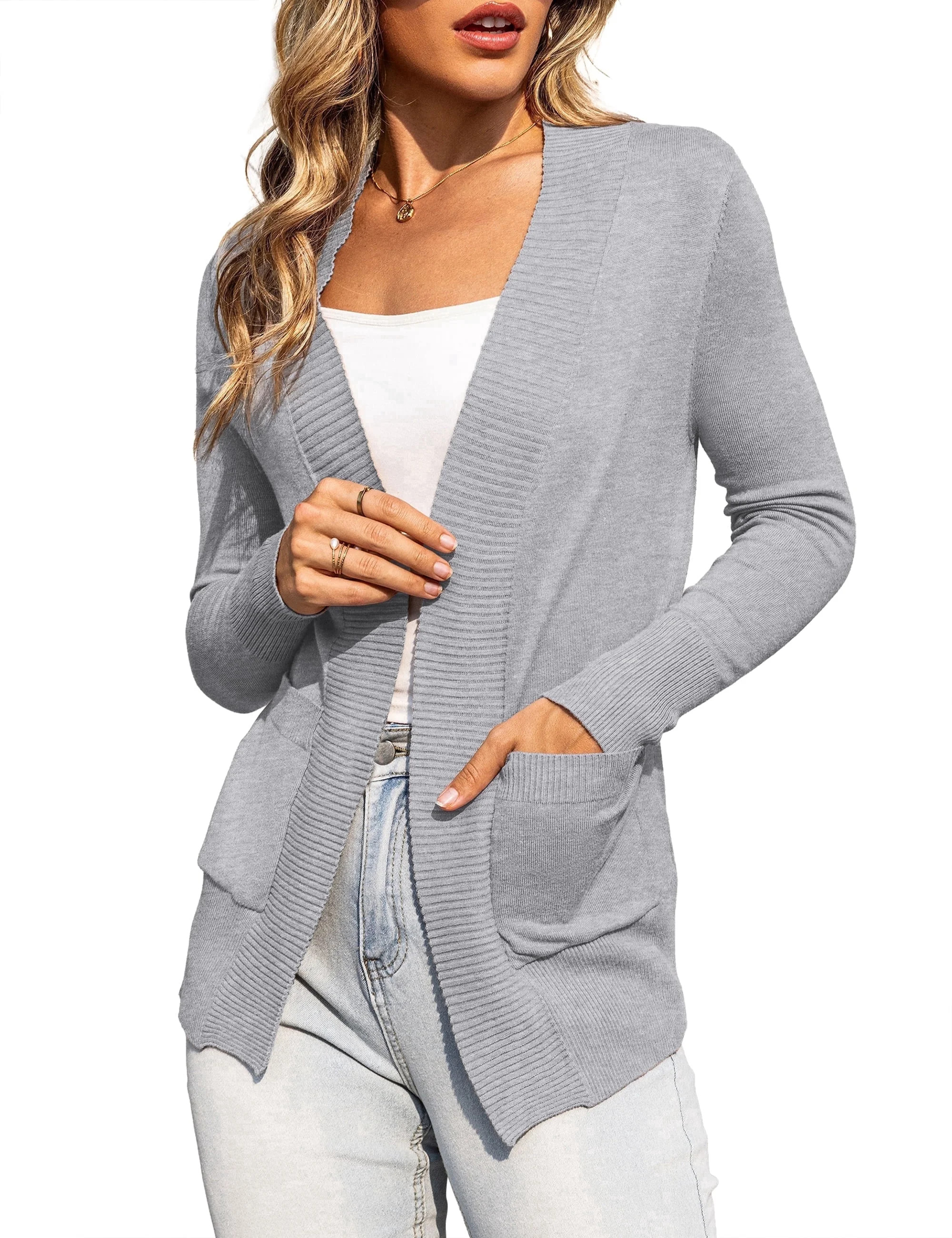 a.Jesdani Women's Cardigan Classic Casual Lightweight Knit Cardigan Sweaters with Pockets Light Grey L - Walmart.com | Walmart (US)