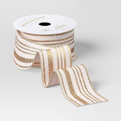 45' Christmas Fabric Ribbon Sheer with Gold Glitter Stripes - Wondershop™ | Target