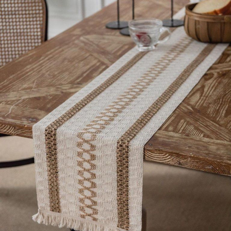 Table Runner, Beige Boho Table Runner with Tassels, Hand Woven Cotton and Burlap Splicing Table R... | Walmart (US)