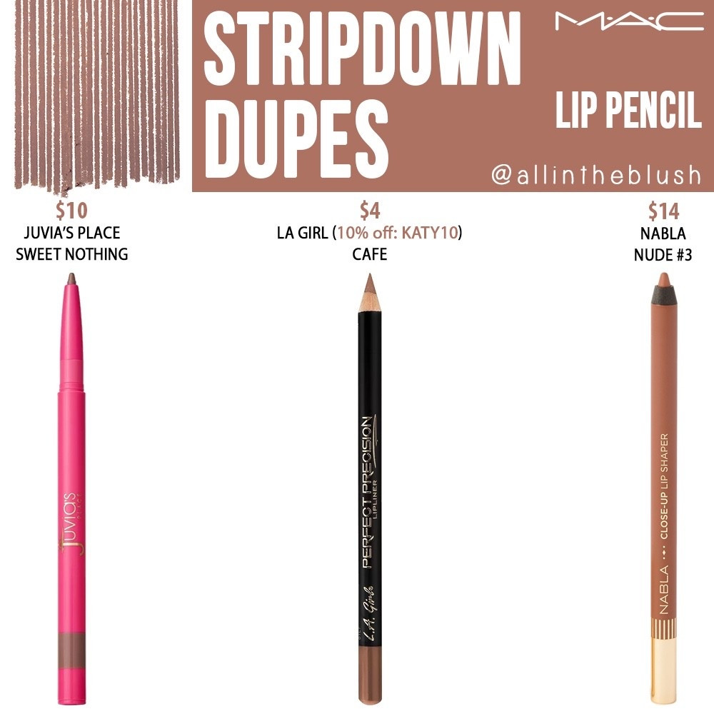 Affordable Alternatives for MAC Stripdown Lip Pencil: Juvia’s Place ‘Sweet Nothing’, LA Girl ‘Cafe’, & Nabla ‘Nude #3’ | Save 10% off LA Girl with code: katy10

#LTKBeauty #LTKSaleAlert #LTKgrwm