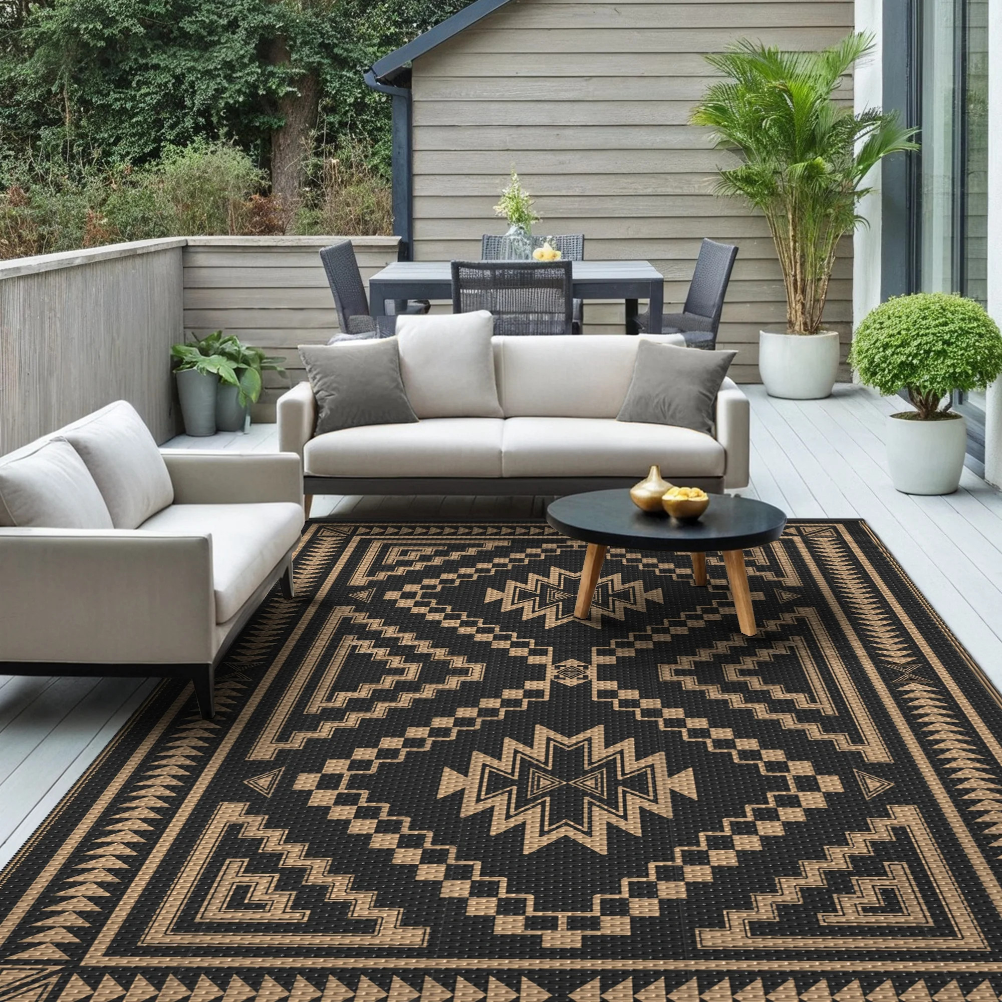 KUETH 6' x 9' Outdoor Rug Waterproof for Patio Carpet Plastic Reversible Straw Outdoor Rug for Camping Picnic Geometric Mat ,Black & Brown - Walmart.com | Walmart (US)