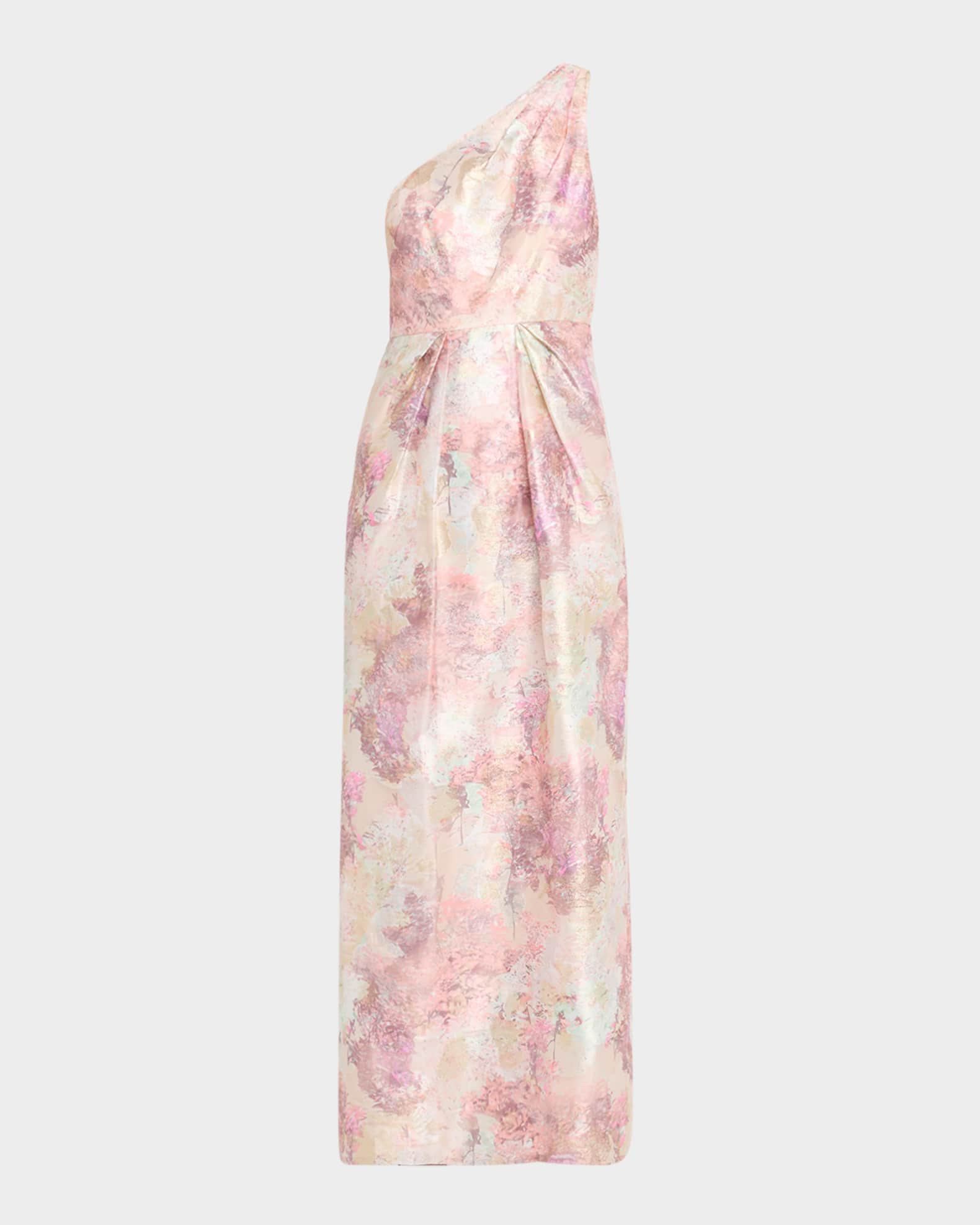 Aidan Mattox Pleated One-Shoulder Metallic Jacquard Gown | Neiman Marcus