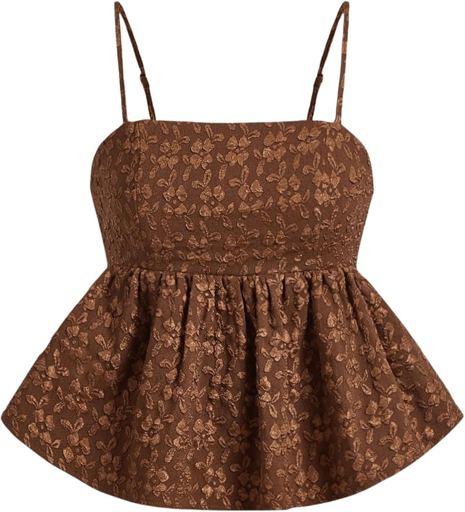 SOLY HUX Women's Spaghetti Strap Ruffle Hem Peplum Cami Top Jacquard Camisole | Amazon (US)