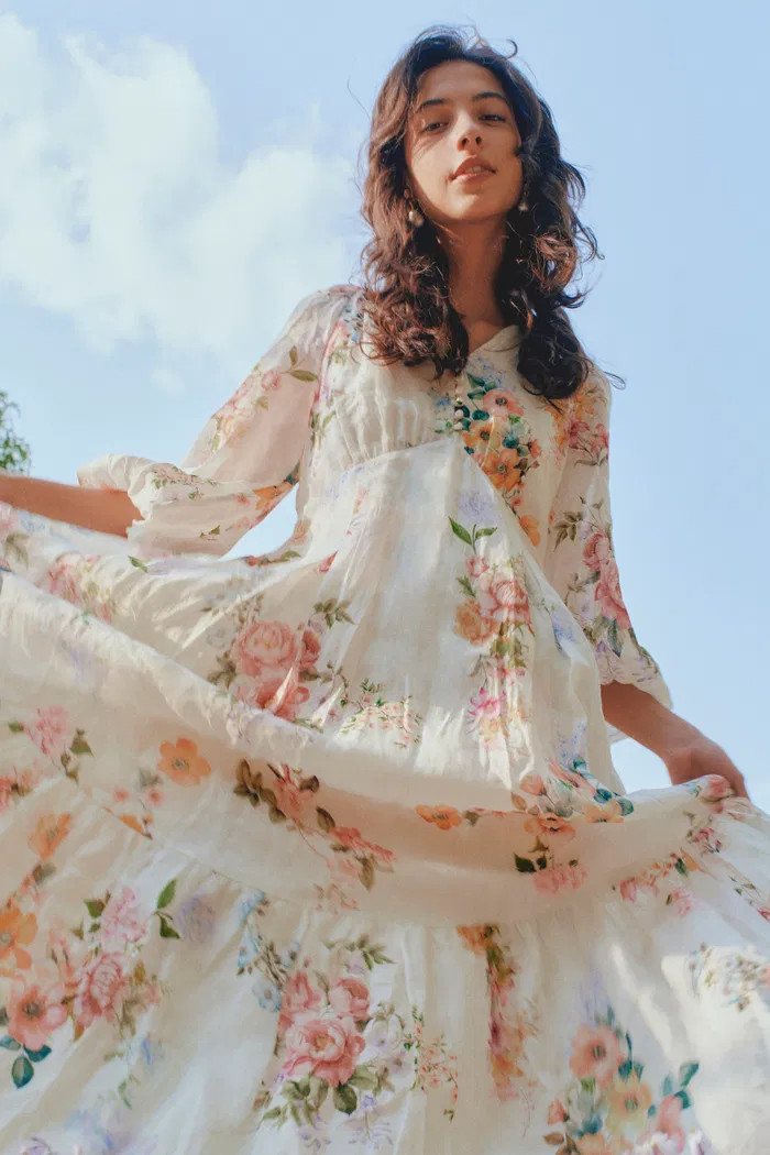 Whitney Watercolor Flora Long Sleeve Dress in Tencel-Ramie | Fabrique