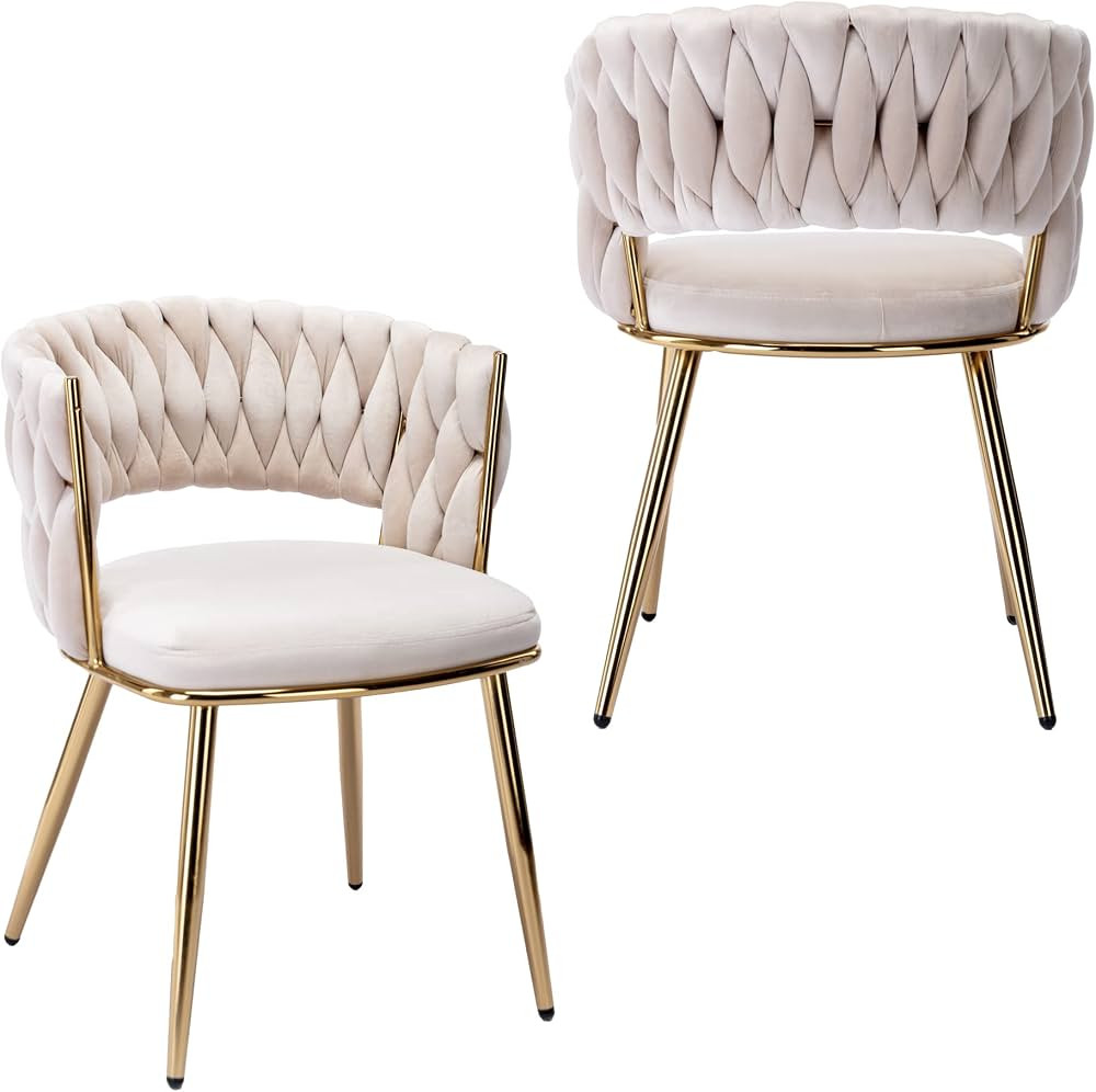 KCC Modern Velvet Dining Chairs Set of 2, Upholstered Living Room Chair with Woven Back and Golde... | Amazon (US)