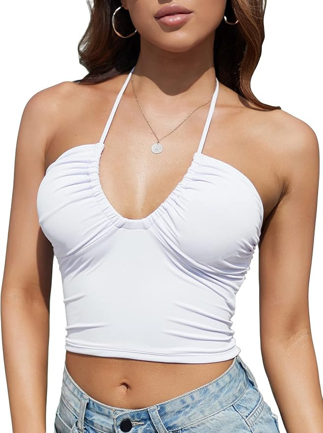 Padded Crop Tank Tops for Women Longline Sports Bra Ribbed Sexy Strappy Camisole Halter V Neck | Amazon (US)