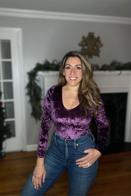 Royal 💜 This soft, feminine velvet bodysuit is great for date night or your next holiday party.  It has a slight puffed sleeve detail that balances the figure. I’m wearing an xs.

#LTKHoliday #LTKSeasonal #LTKstyletip